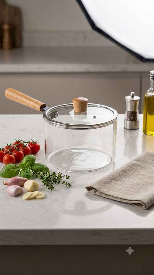 Minimalist Clear Glass Cooking Pot for Soup, Milk & Sauce